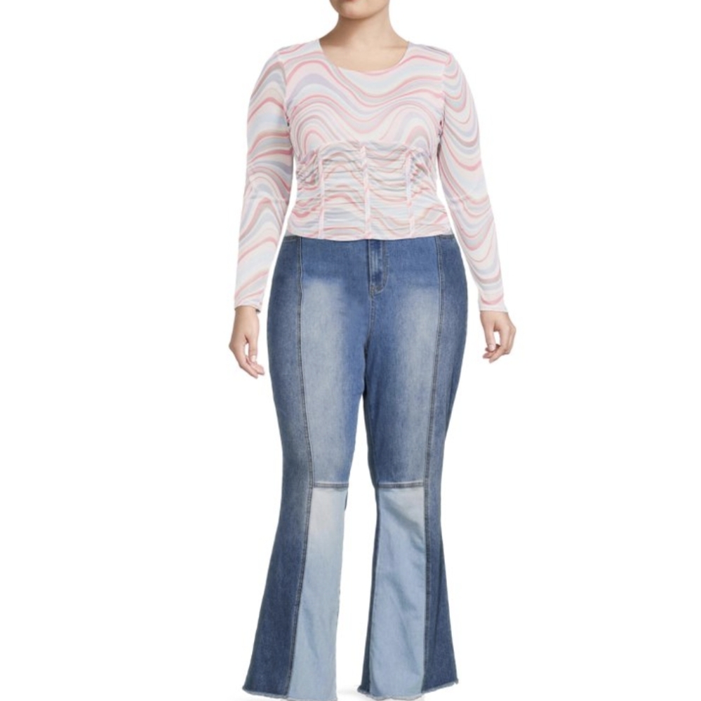 Madden Nyc Juniors’ Plus Size Patchwork Flare Jea… - image 1